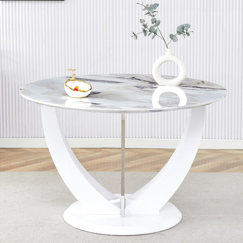 47" Round Dining Table for 4-6, White Faux Marble Kitchen Table with Wood Pedestal, Modern Circle Dinner Tables for