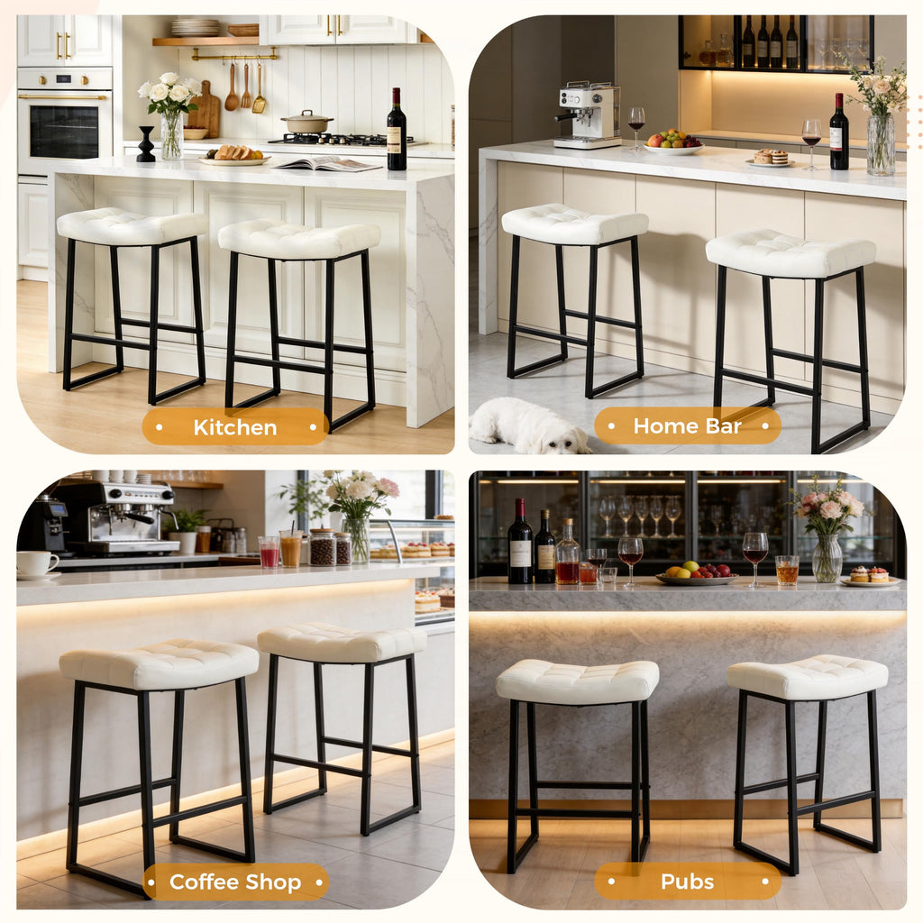 Black and White Counter Height Bar Stool Island Modern Backless Barstool with Upholstered Faux Leather Seat and Metal