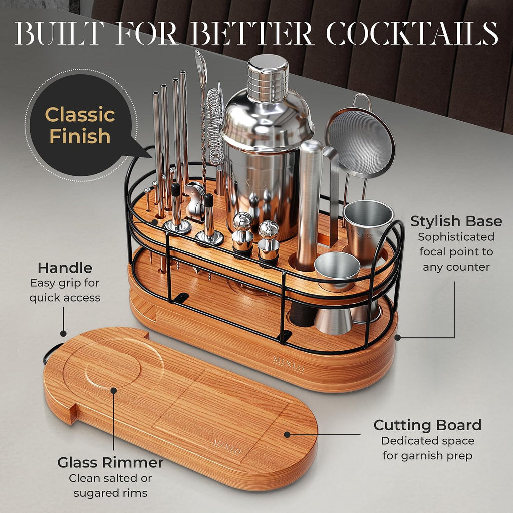 Mixology Bartender Kit - Bar Set Cocktail Shaker Set w Brown Bar Cart Accessories Stand - Shakers Bartending - Set of 22