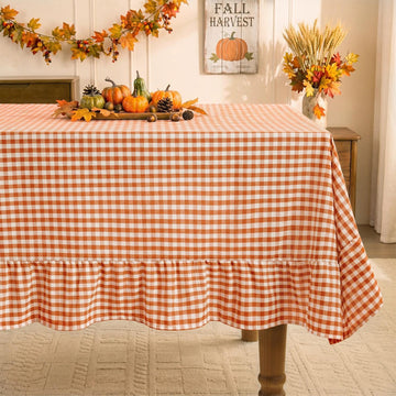 Fall Gingham Ruffled Tablecloth Rectangle, 60 x 102 Inch Orange