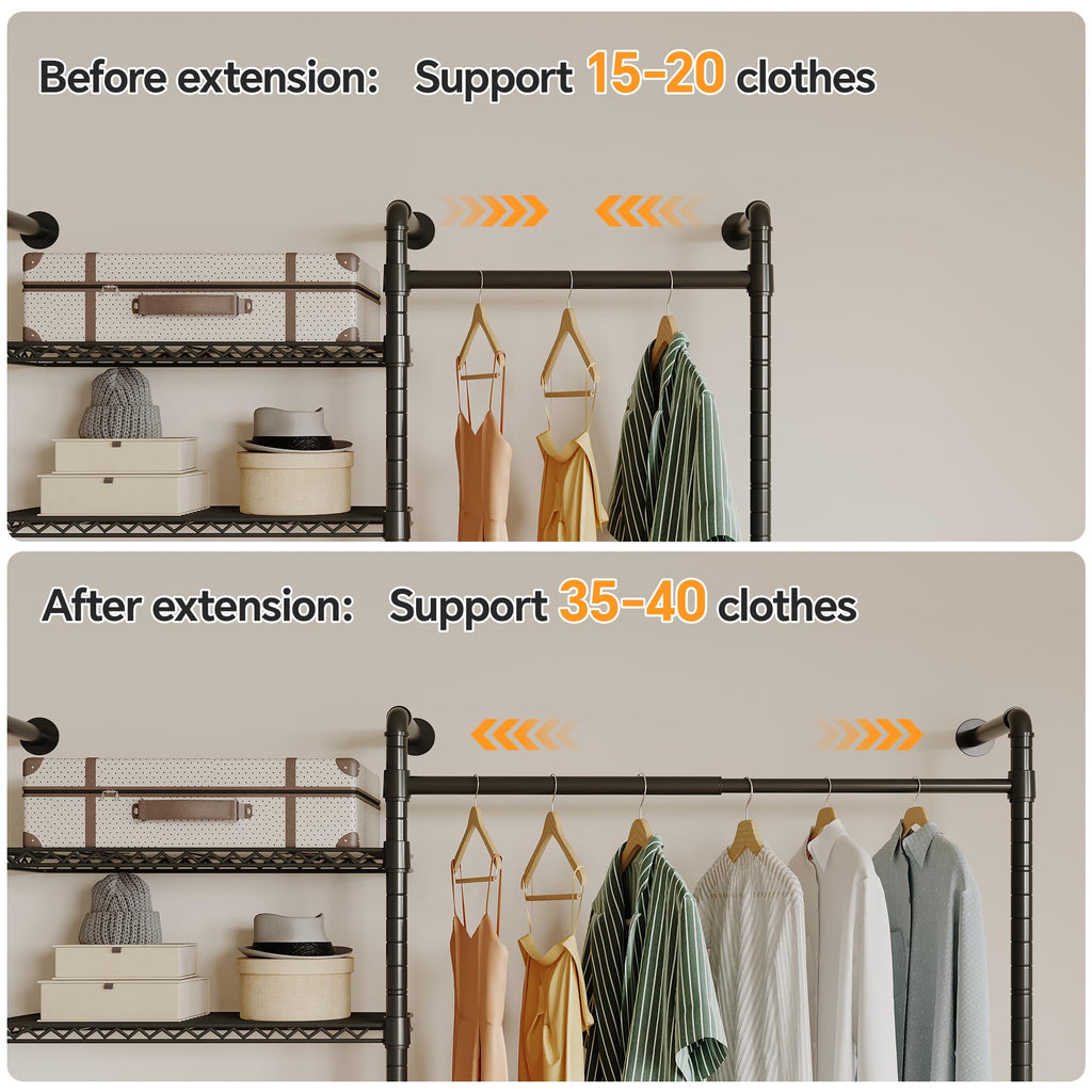 W5 Industrial Pipe Clothes Rack, Heavy Duty Clothing Rack, Black