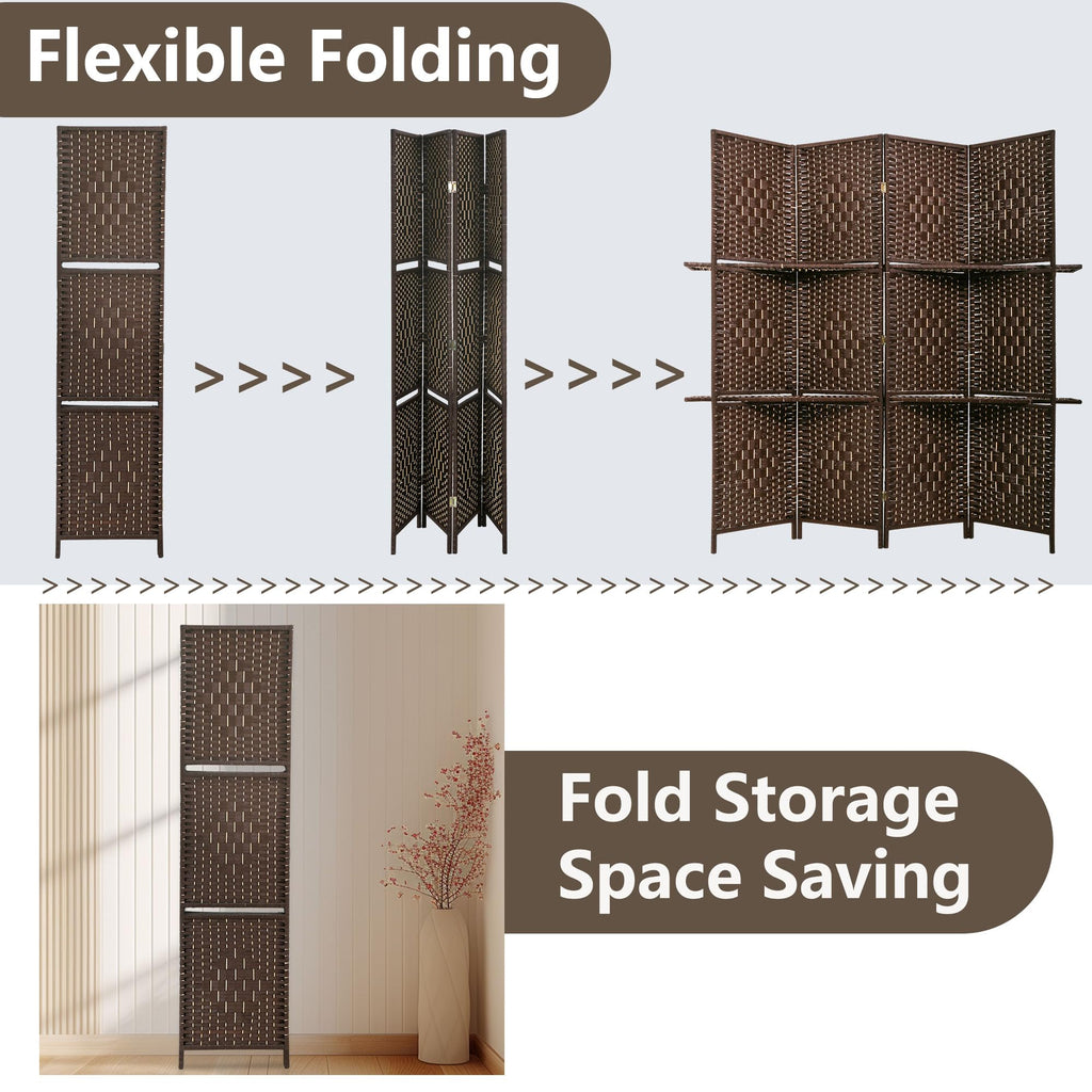 4 Panel Folding Room Divider with Shelves | 5.9ft, Dark Brown