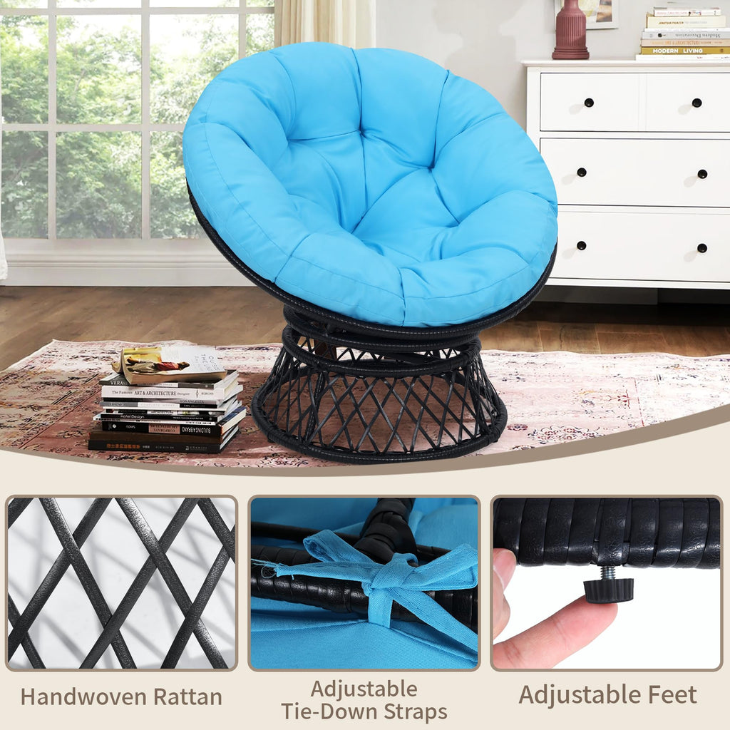 40" Ergonomic Wicker Papasan Chair, Black Frame with Blue Cushion