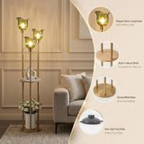 Modern Gold Floor Lamp with 3 Crystal Shades and Shelves, 3-Light Standing Lamp with Foot Switch, FWGGEEN02