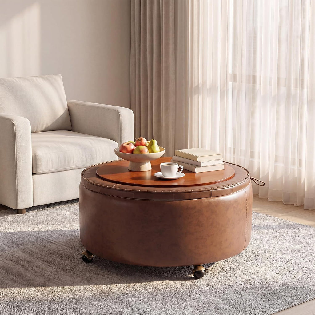 29" Round Storage Ottoman with Reversible Tray, Faux Leather Tufted Coffee Table, Foot Rest Stool with Lockable
