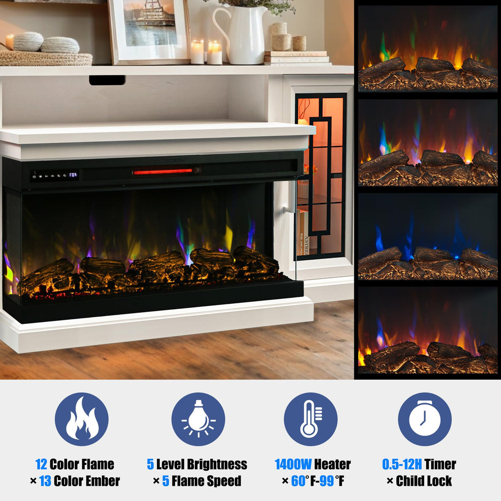 75 Inch Electric Fireplace TV Stand, 3- Side Glass LED Modern Media Entertainment Center Console Table for TVs up to