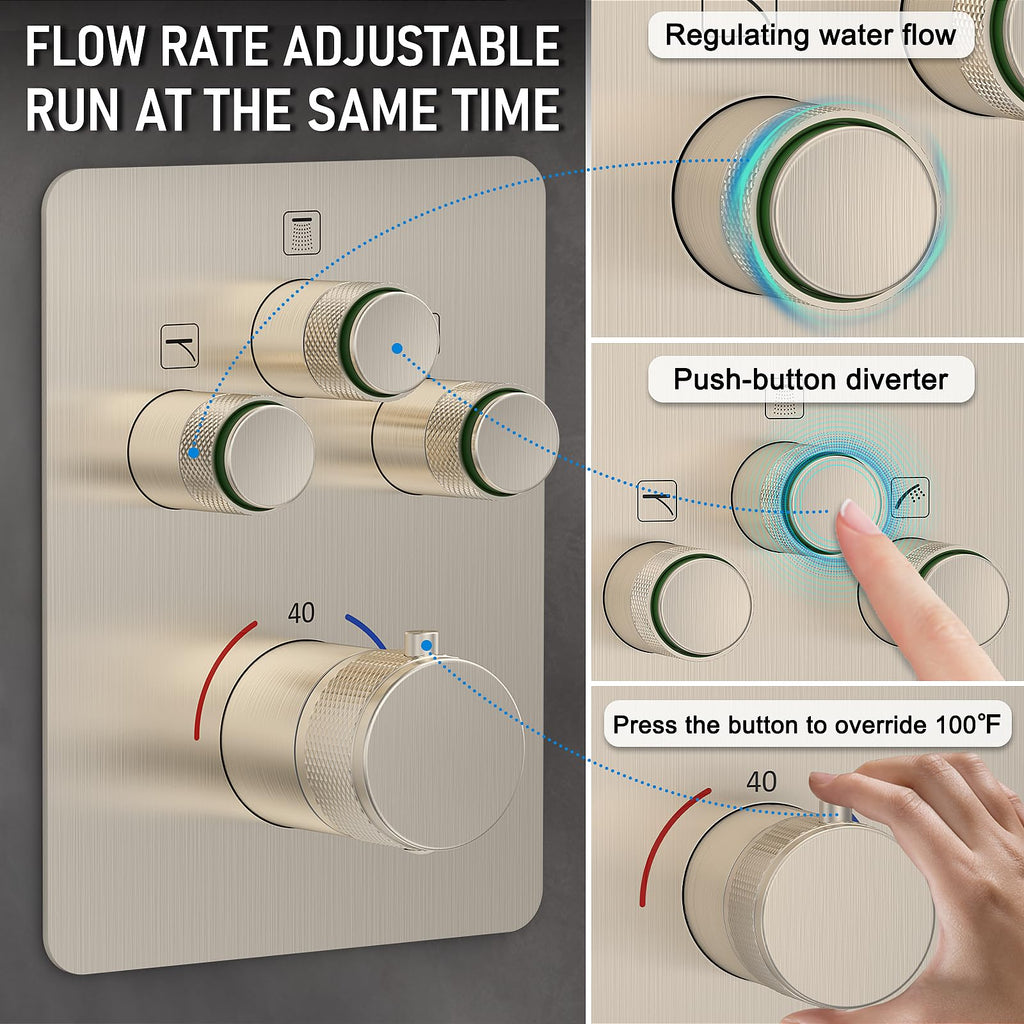 Thermostatic Shower System with Adjustable Water Flow Push Button Diverter, Square Dual Shower Heads Faucet Set with