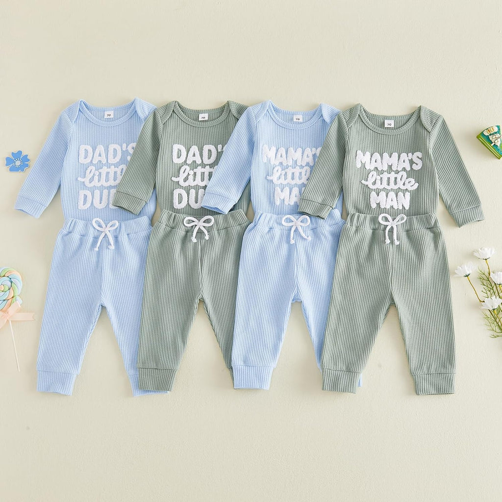 Waffle Knit Baby Boy Clothes Letters Embroidered Romper Pants Set