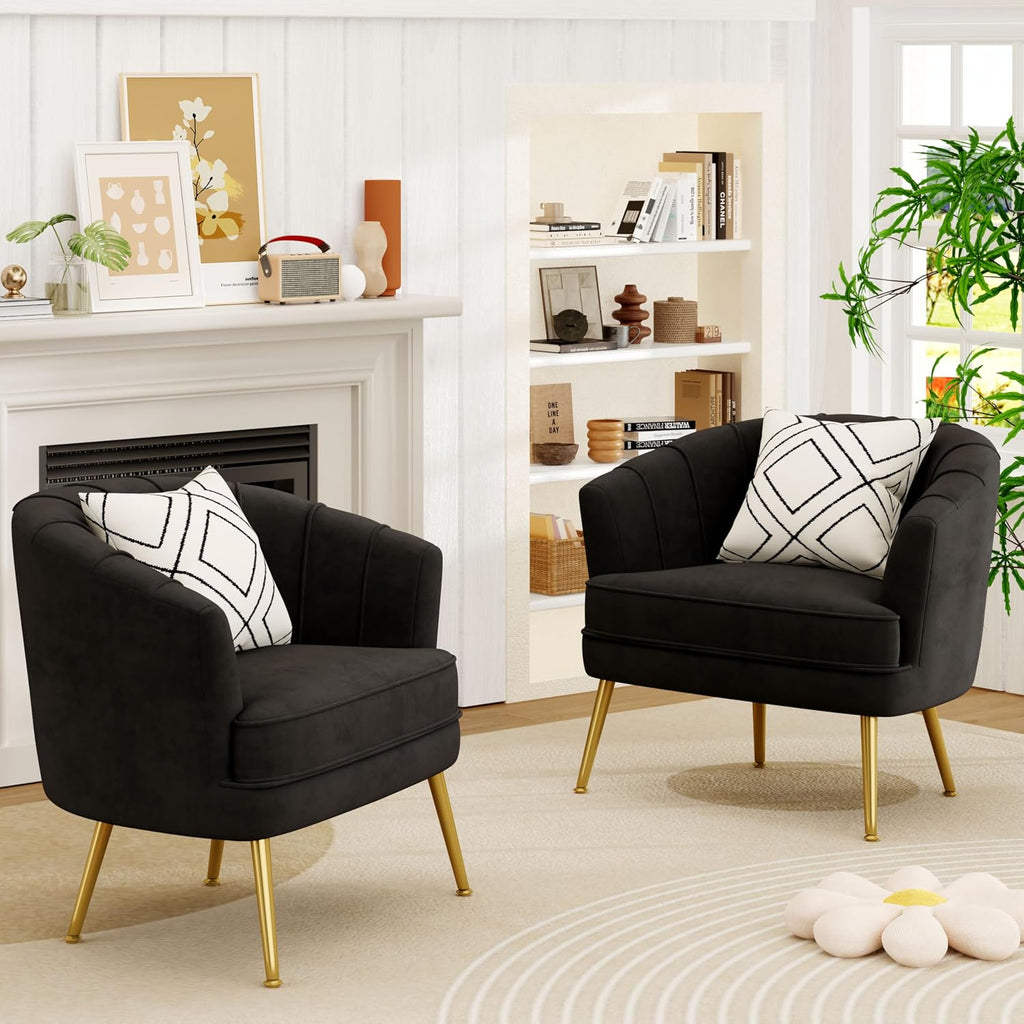 Velvet Accent Chair Set of 2, Upholstered Modern Single Sofa Side Chair,Comfy Barrel Club Living Room Armchair with