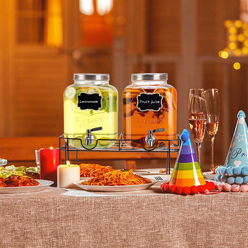 1.6 Gallon Glass Drink dispenser, Beverage Dispenser With Stand, Lemonade Dispenser with Stainless Steel - Set of 2