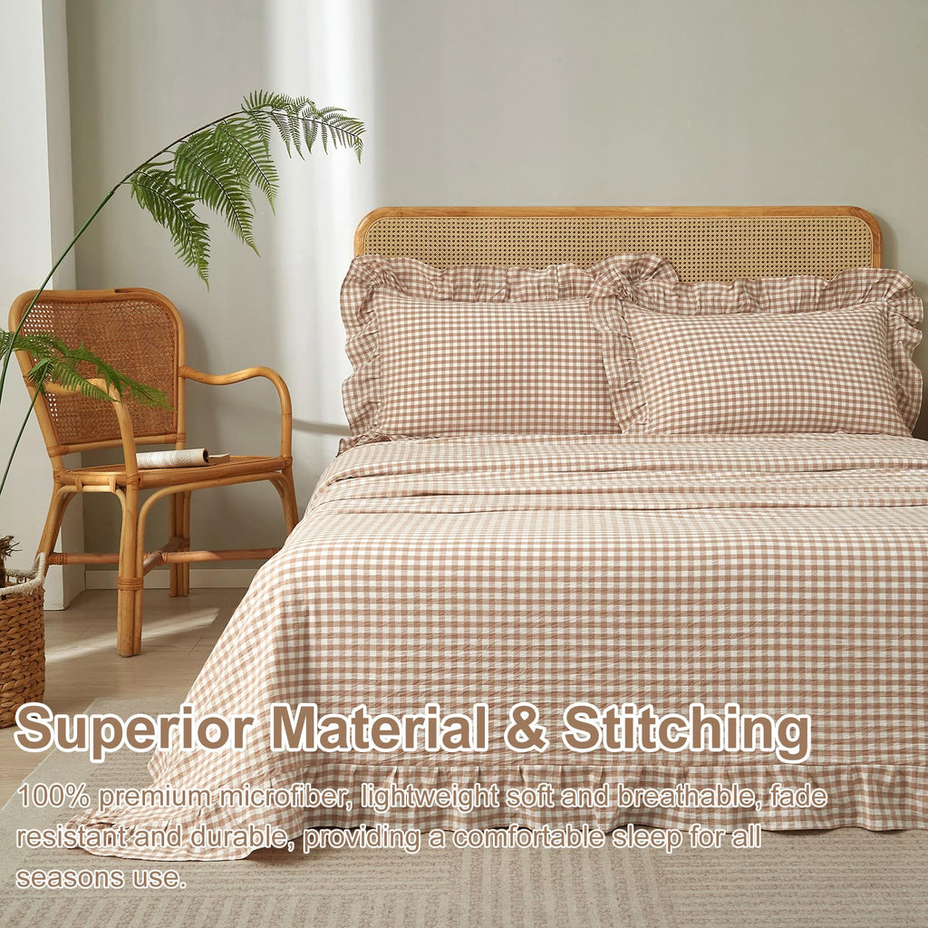 Tan Gingham Ruffle Sheets Set Boho Taupe Plaid Bed Sheets