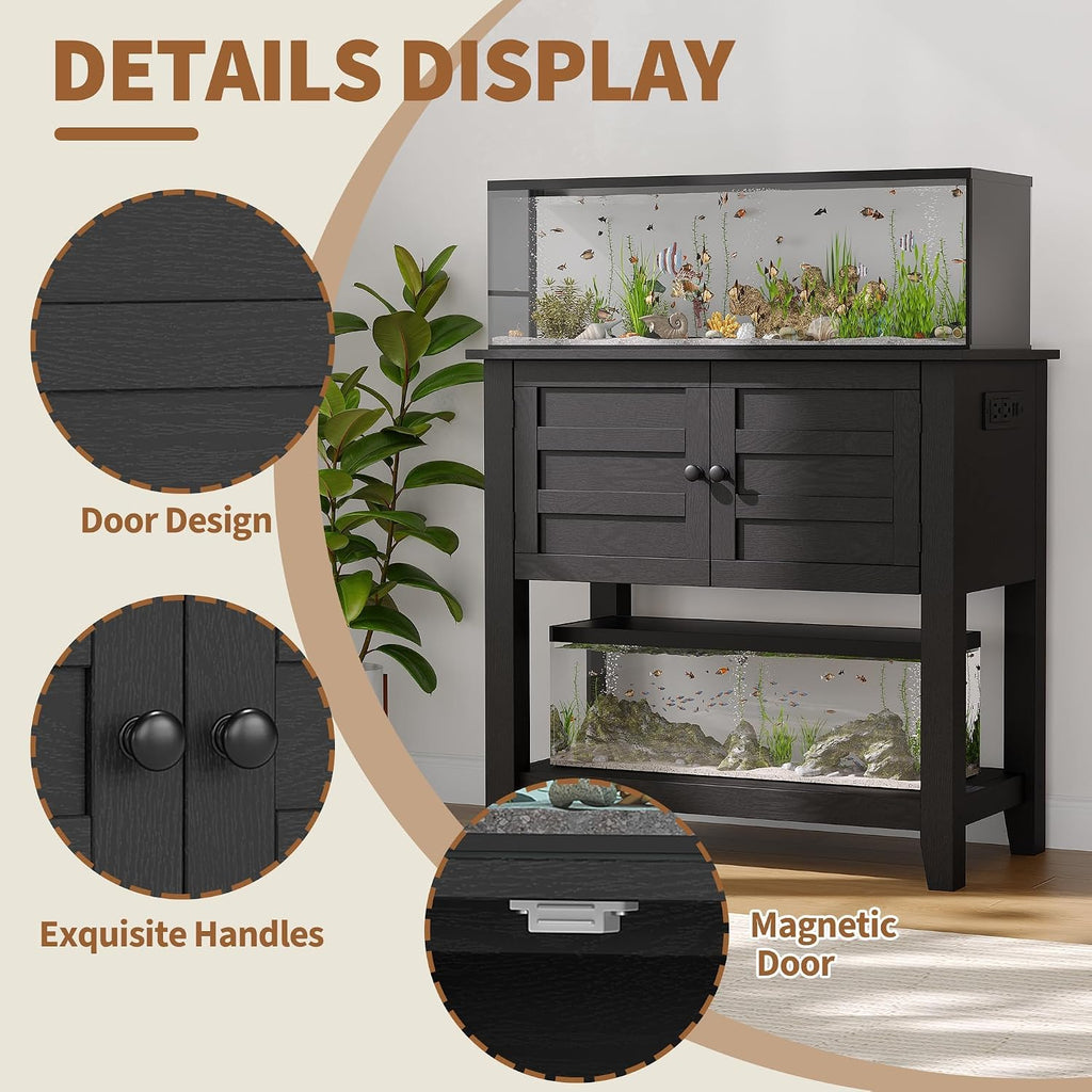 Heavy Duty 20-29 Gallon Aquarium Stand with Charging Station, Magnetic Doors