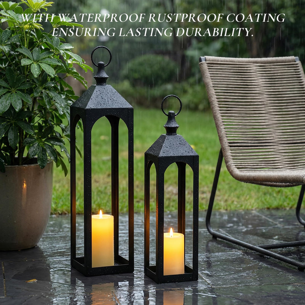 24" & 20" Large Outdoor Floor Lantern, Black Fall Porch Decor