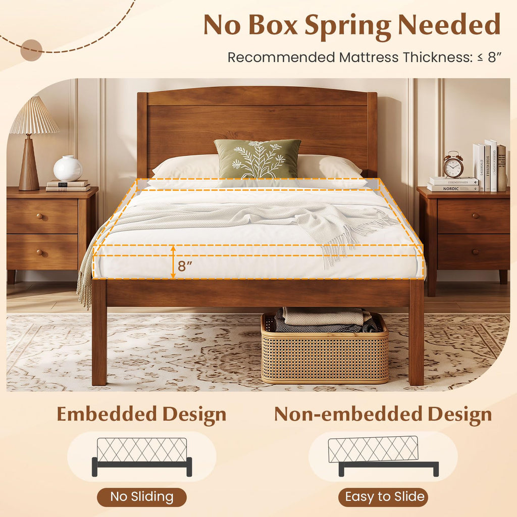 Twin Size Wooden Bed Frame with Curved Headboard, Walnut
