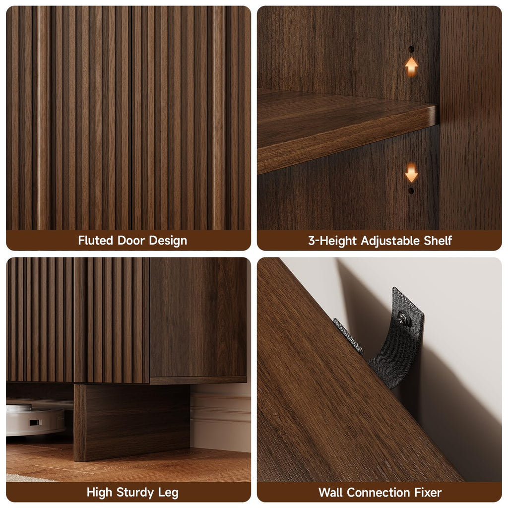 63" Fluted Sideboard Cabinet with Storage Adjustable Shelves Walnut