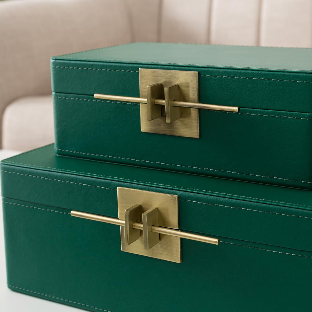 Faux Leather Boxes with Lids, Emerald Green - Set of 2
