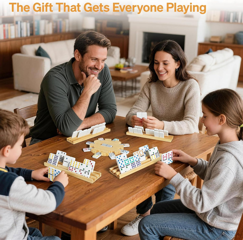 Mexican Train Double 12 Dominoes Set with 4 Wooden Trays/Racks in Portable Carrying Case Colorful 91 Tiles & 9 Trains