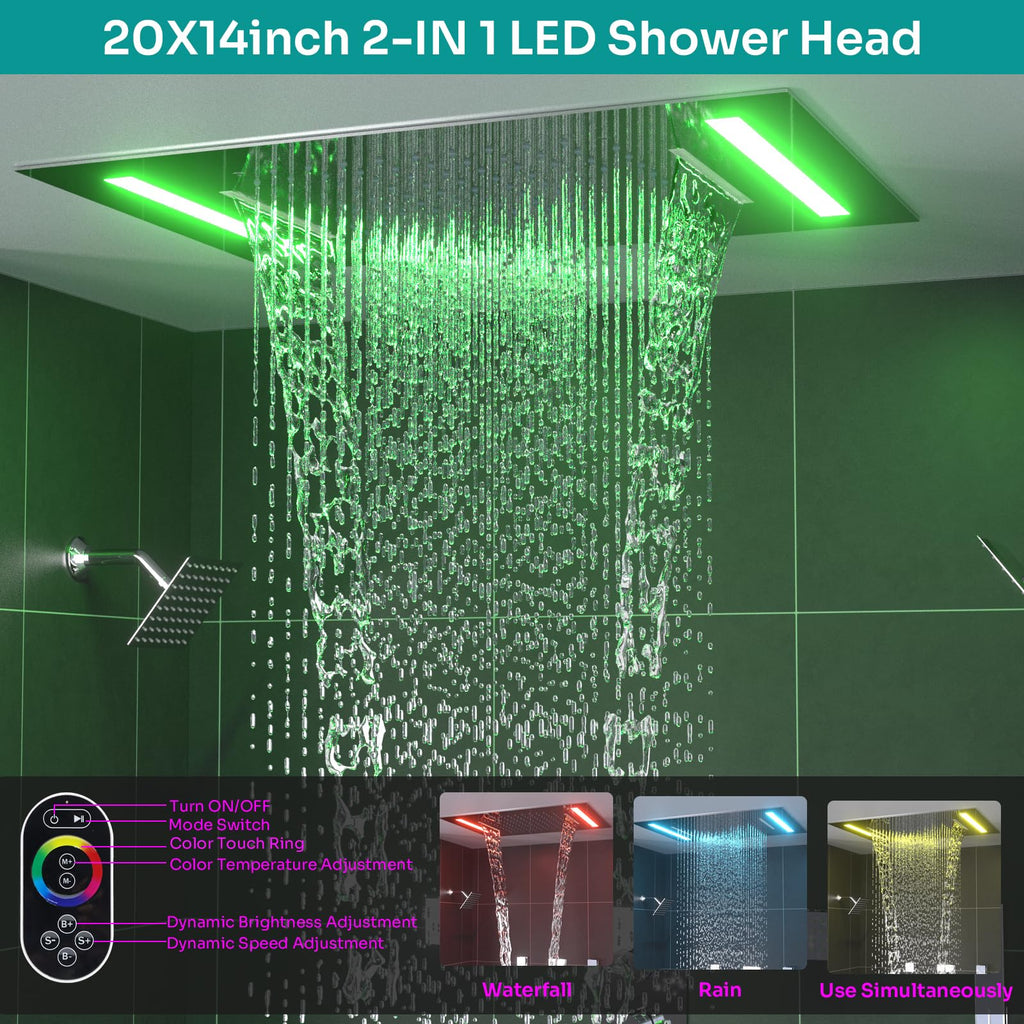 Luxury Shower Heads 20x14 Inch LED Rainfall Shower Head with 2 Functions - Rainfall & Waterfall Modes, Independent