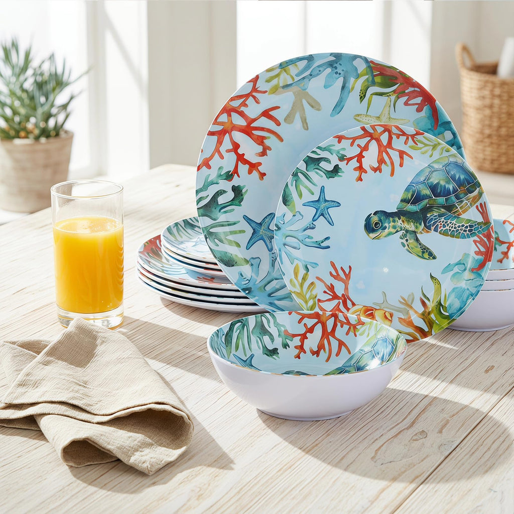 12-Piece Turtle Melamine Dinnerware Set, Ocean Plate and Bowl Sets