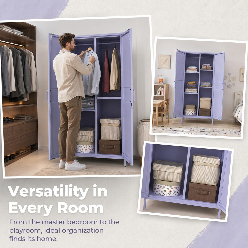 Purple Lockable Armoire Wardrobe Closet Storage Cabinet with Hanging Rod, 67" Metal Wardrobe Cabinet with 2 Doors and