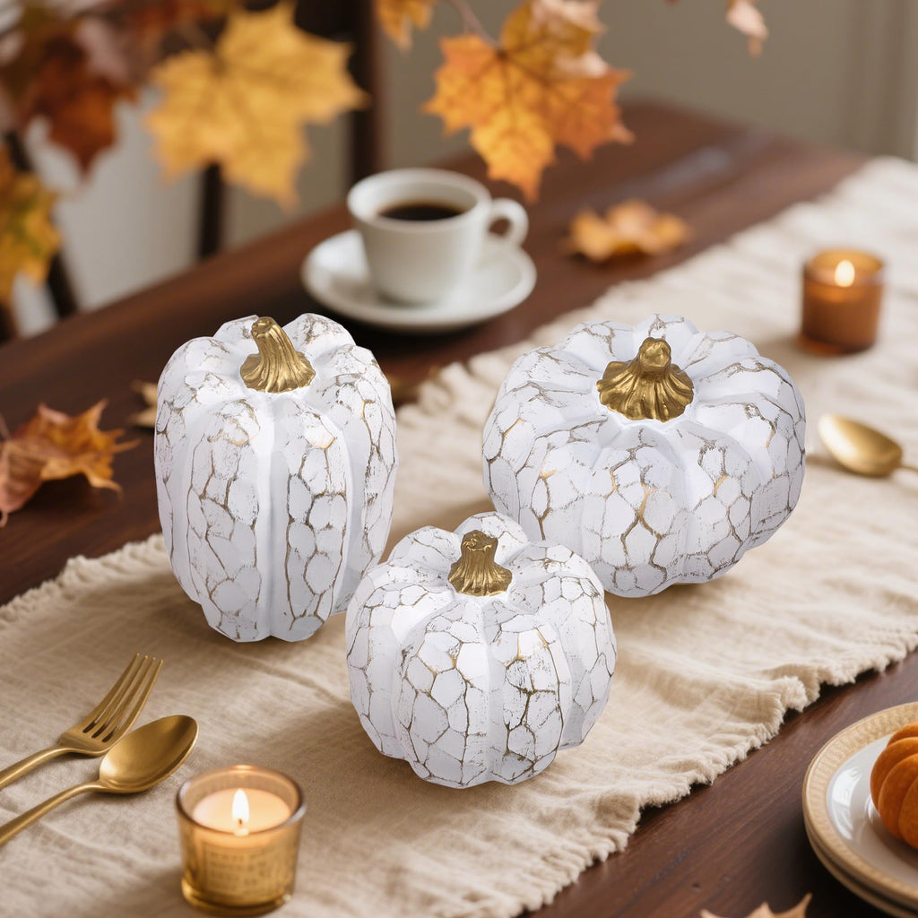 Set of 3 White Pumpkins Fall Decorations