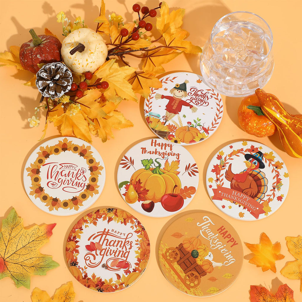 6 Pcs Thanksgiving Coasters with Holder Fall Ceramic Coasters