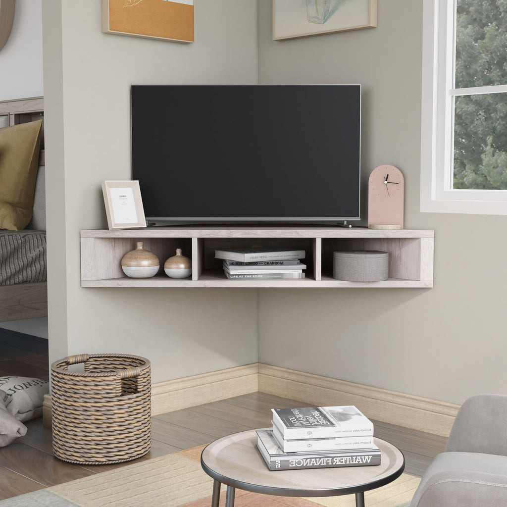 French 46.5 inch Modern Floating TV Stand with Storage, Floating Corner Shelf for Wall, Wood Entertainment Center