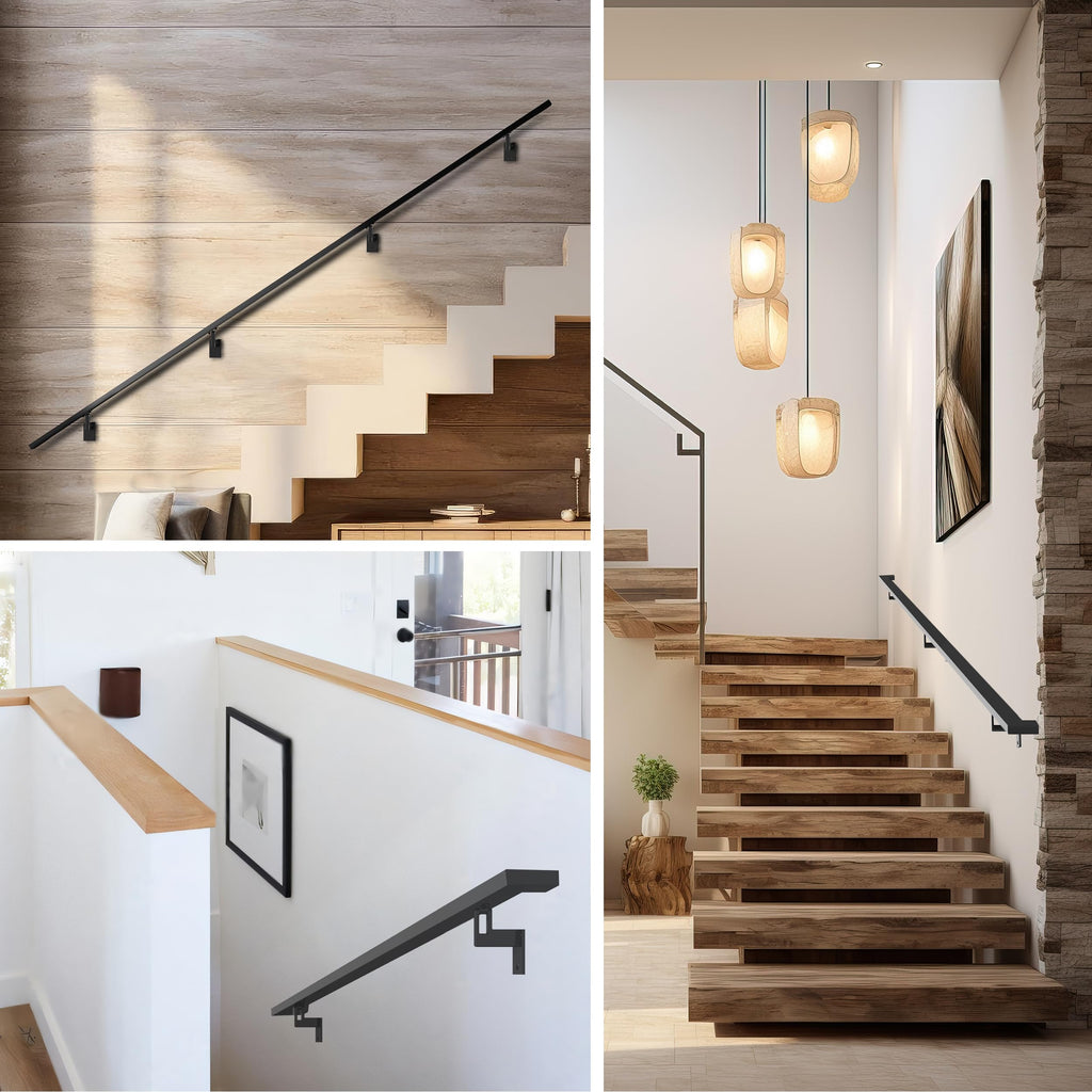 Modern Aluminum Handrail Complete DIY Kit - Matte Black with Adjustable Wall Mount Brackets Included (2' Length)