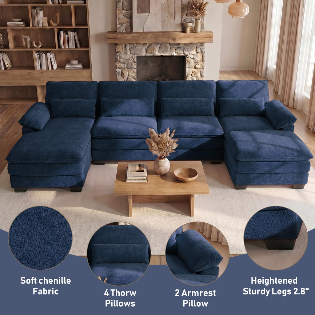 113" U Shaped Cloud Sectional Couch with Ottoman, Chenille Sofa, Dark Blue
