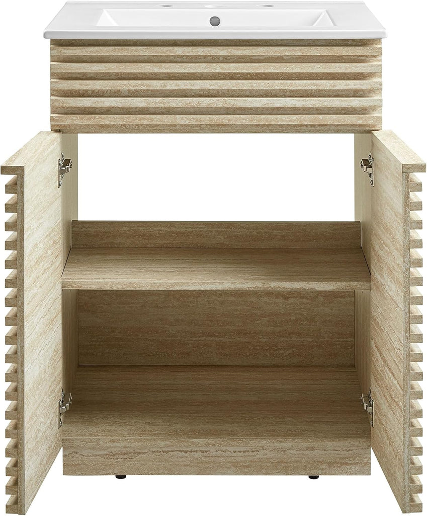 24-Inch Bathroom Vanity with Sink Combo – Faux Travertine Slatted Design, Mid-Century Modern Cabinet with Soft-Close Doors, White