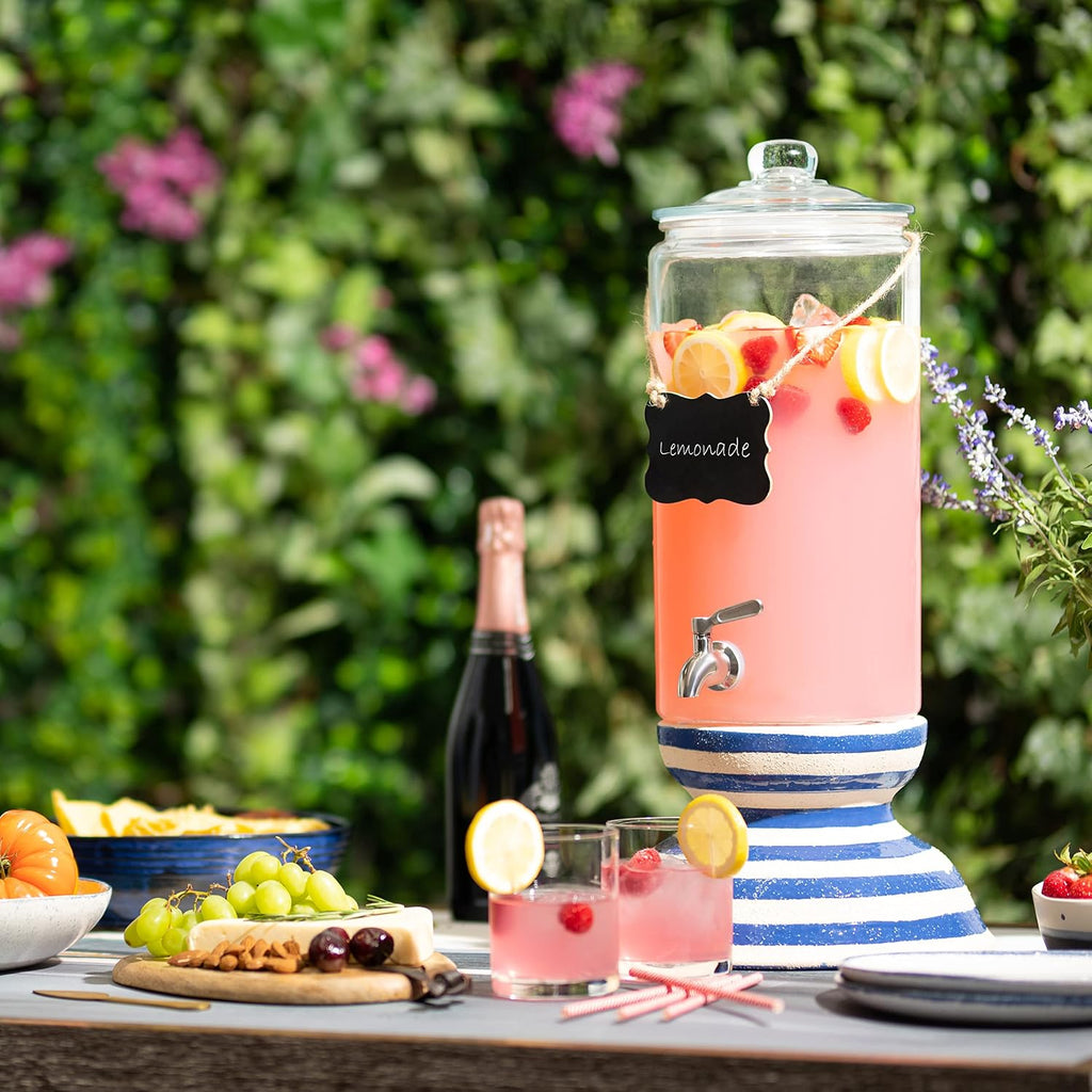 2 Gallon Beverage Serveware with Stainless Steel Spigot + Marker & Chalkboard 100% Leakproof Glass Drink Dispenser