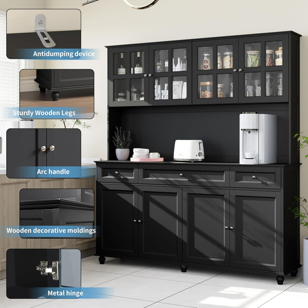 71" Tall Kitchen Pantry Storage Cabinet, 63" Wide Kitchen Hutch Cabinet with Large Countertop, Tall Pantry with