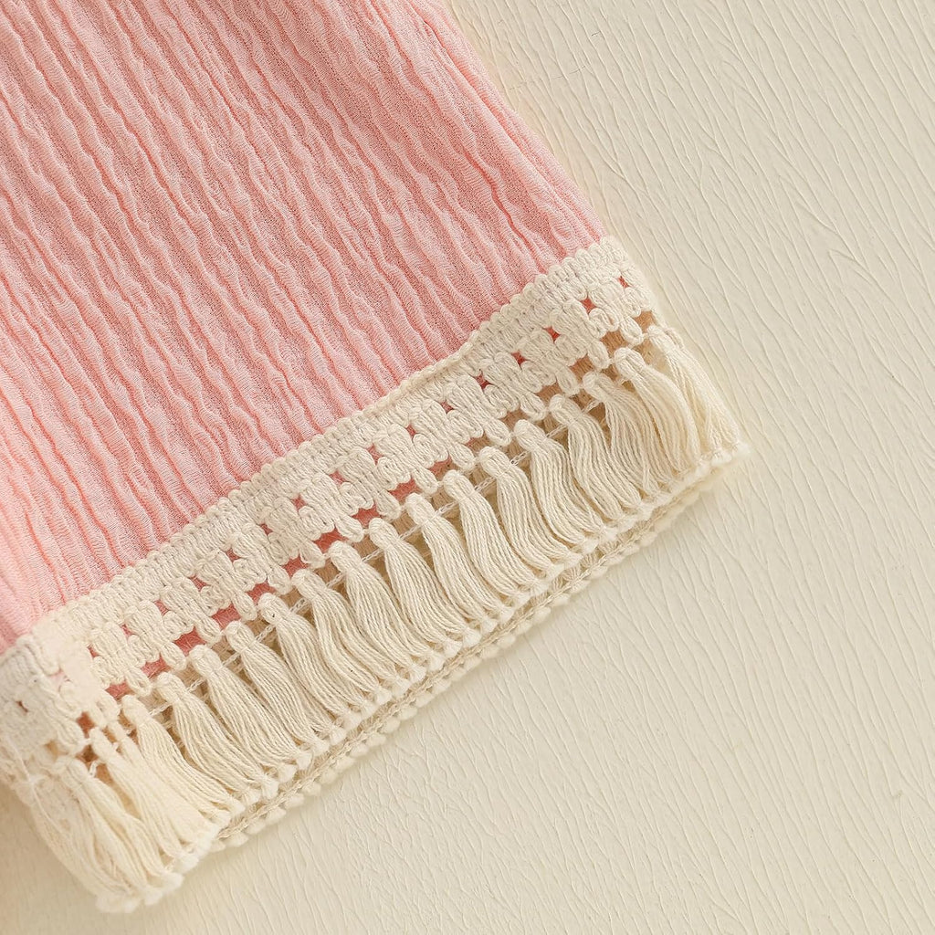 Toddler Baby Girl Crochet Outfit Floral Ruffle Camisole Tank Tops Tassels Linen Shorts Set 2Pcs Kid Boho Summer