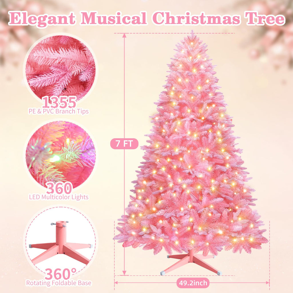 7FT Pink Rotating Pre-Lit Christmas Tree with Remote Control