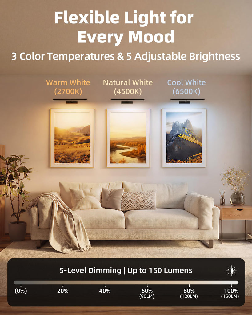 Picture Light for Wall, 4800mAh Rechargeable Wireless Black Lights for Painting, 16In Dimmable Magnetic LED RGB Art