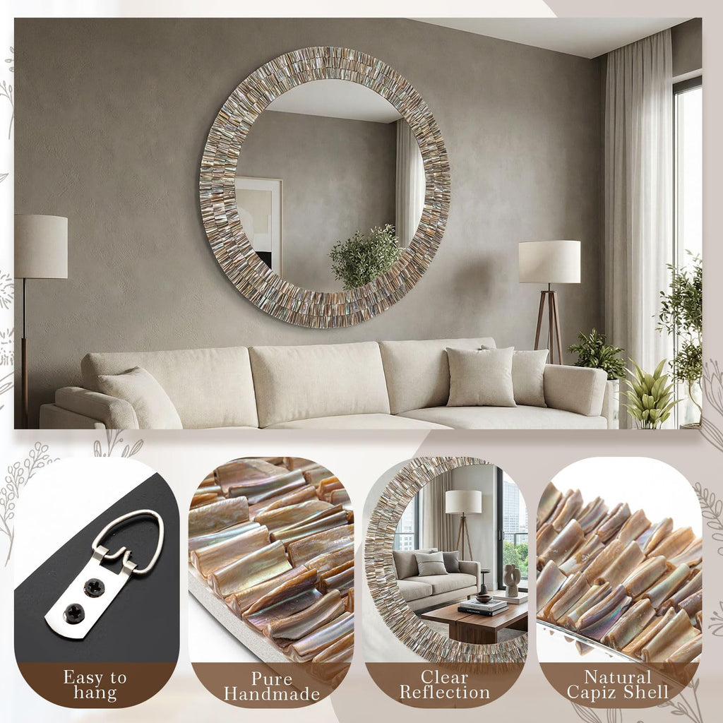Large 30 Inch Round Capiz Shell Mirror Coastal Seashell Wall Decor