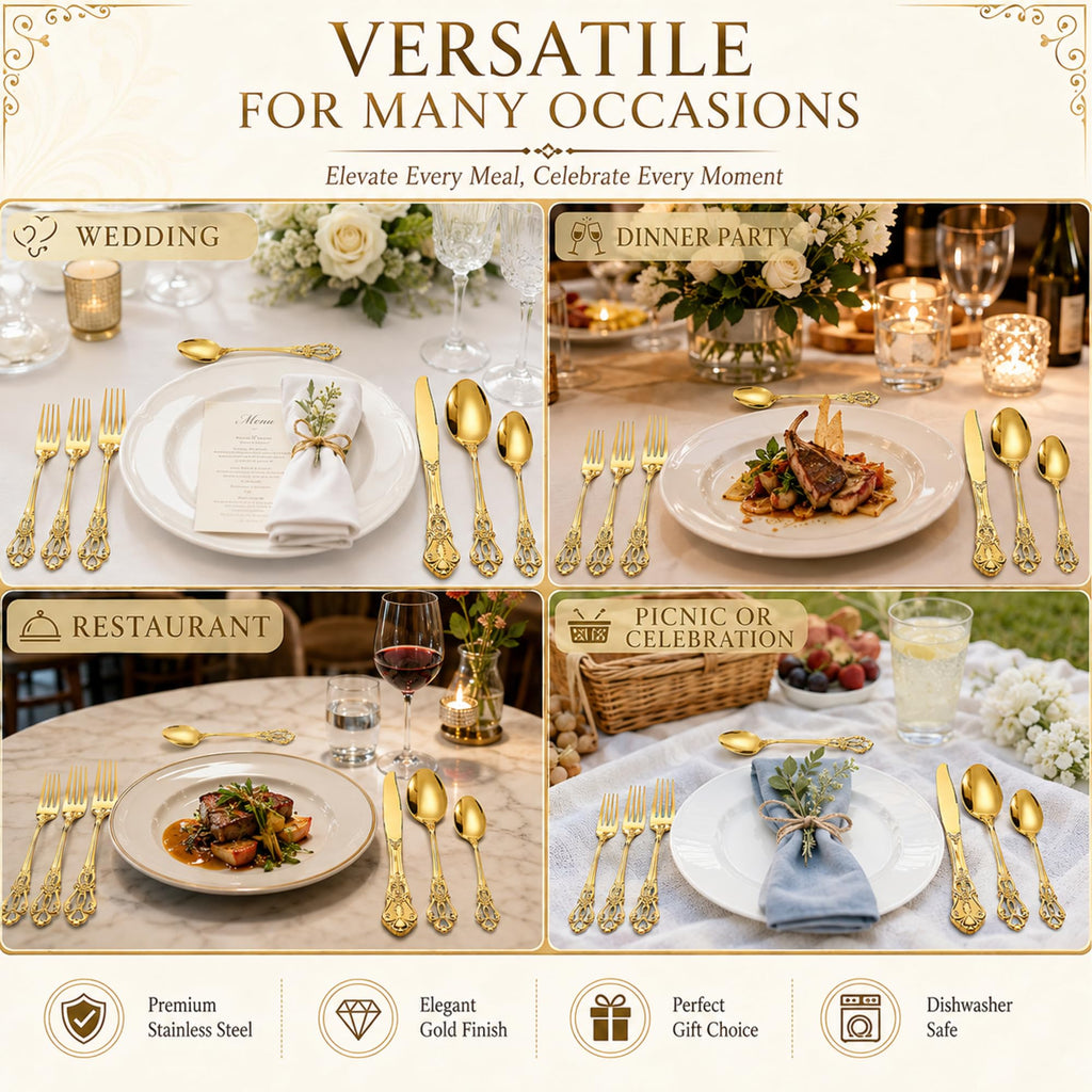 60 Pcs Gold Stainless Steel Flatware Set, Retro Vintage Silverware with Forks Spoons Knives Mirror Polished Cutlery