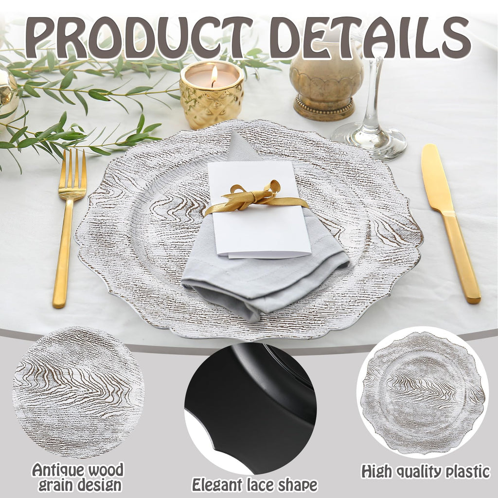 Set of 12 13" Acrylic Faux Wood Chargers Plates, White