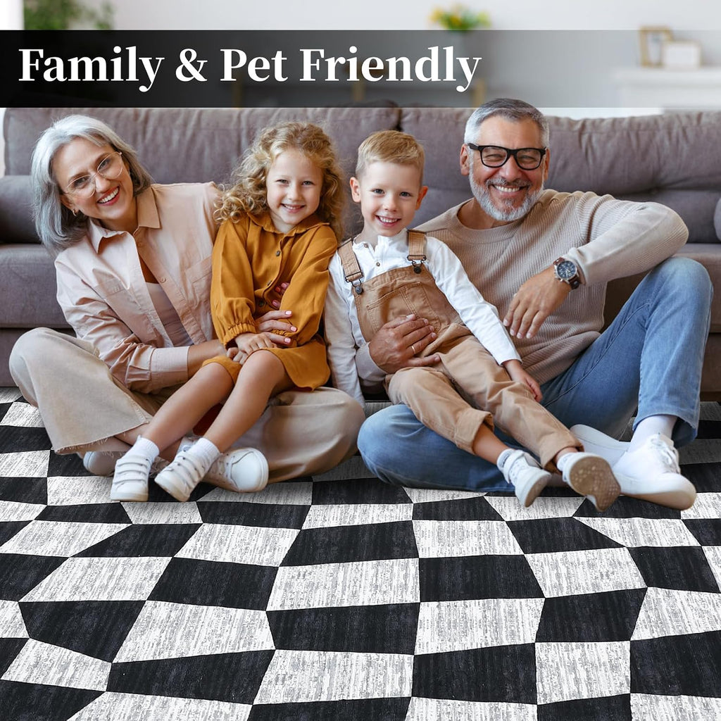 Washable Area Rugs 9x12 Rug Checkered Modern Bedroom Rug Geometric Black Rug Large Area Rug Non Slip Throw Rugs Low
