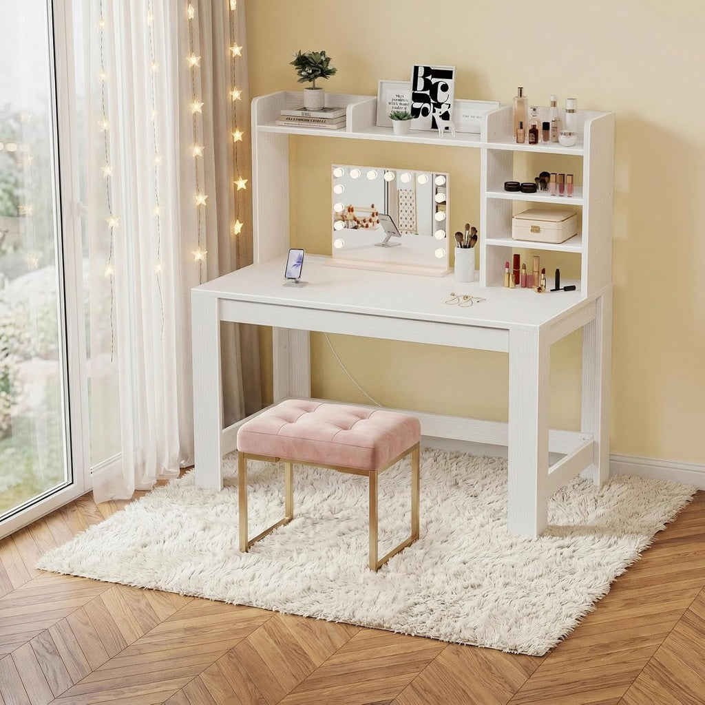 43" White Student Desk with Hutch and Built-in Power Outlet