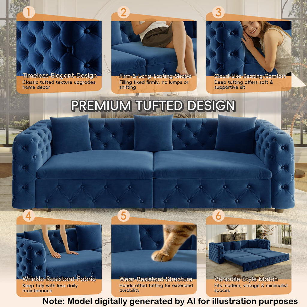 89'' Velvet Chesterfield Sleeper Sofa, King Couch Bed, Midnight Blue