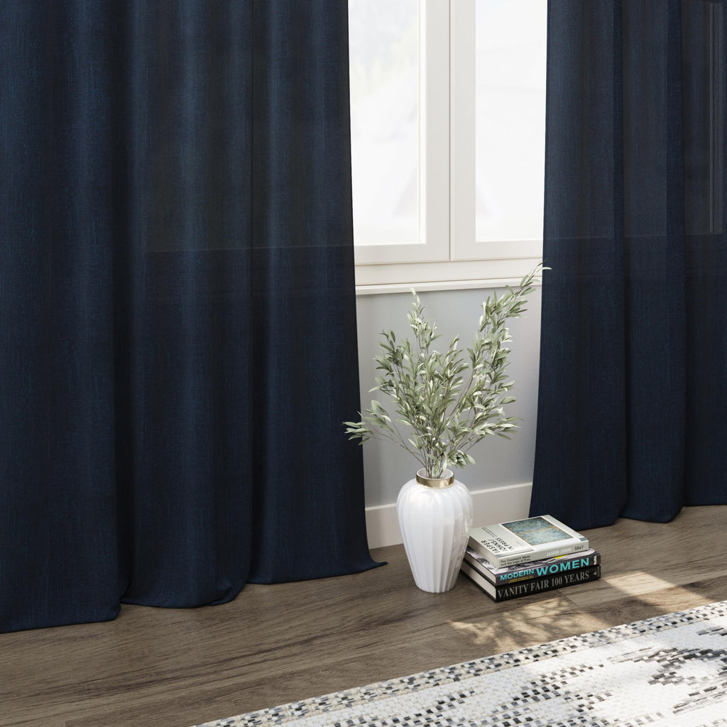 Navy Blue Semi Sheer Curtains 72 Inches Long 2 Panels Set Back Tab Rod Pocket Light Filtering Drapes Cotton Linen