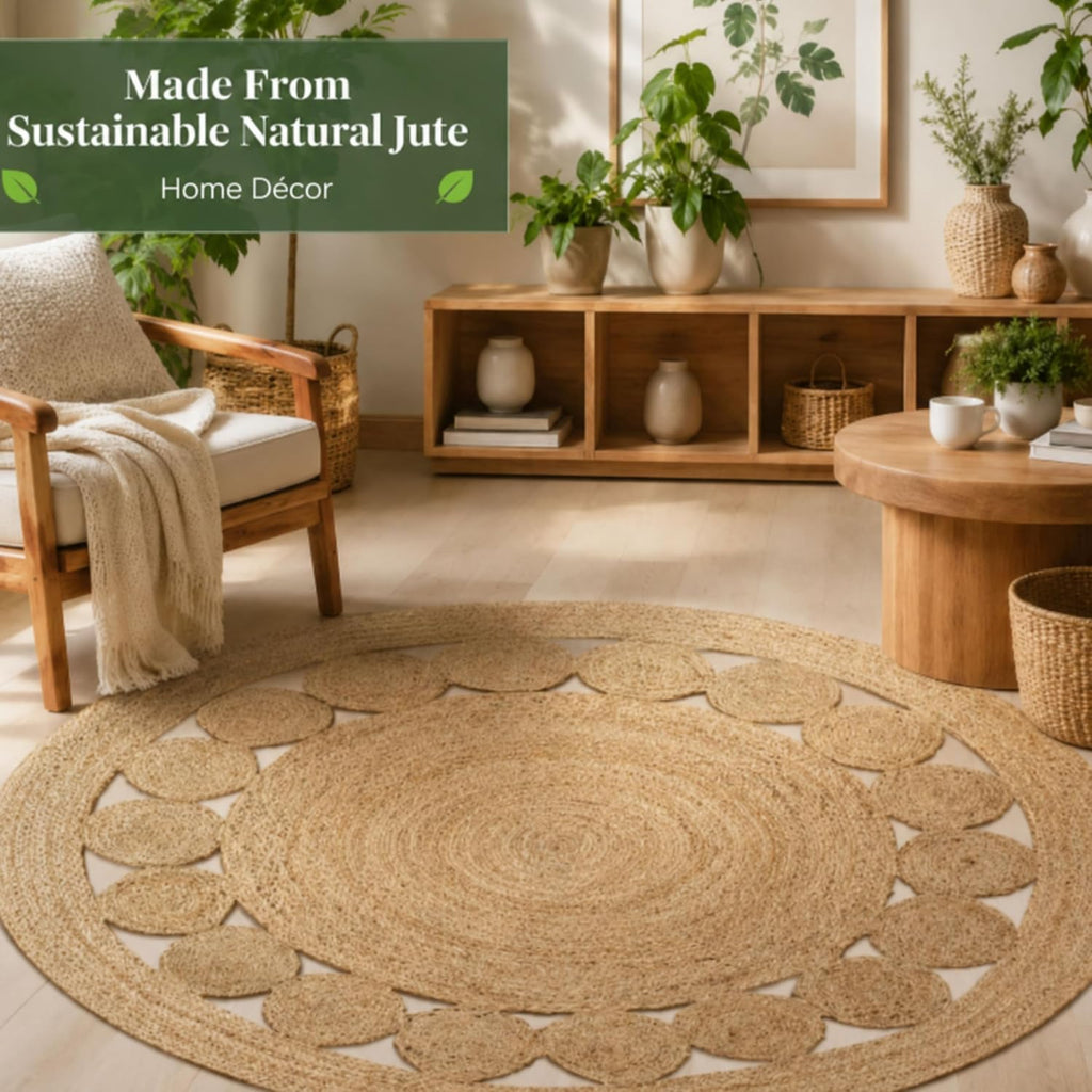 Natural Jute Round Area Rug, Handwoven Braided Boho Jute Rug with Dotted Design, Eco Friendly Farmhouse Living Room