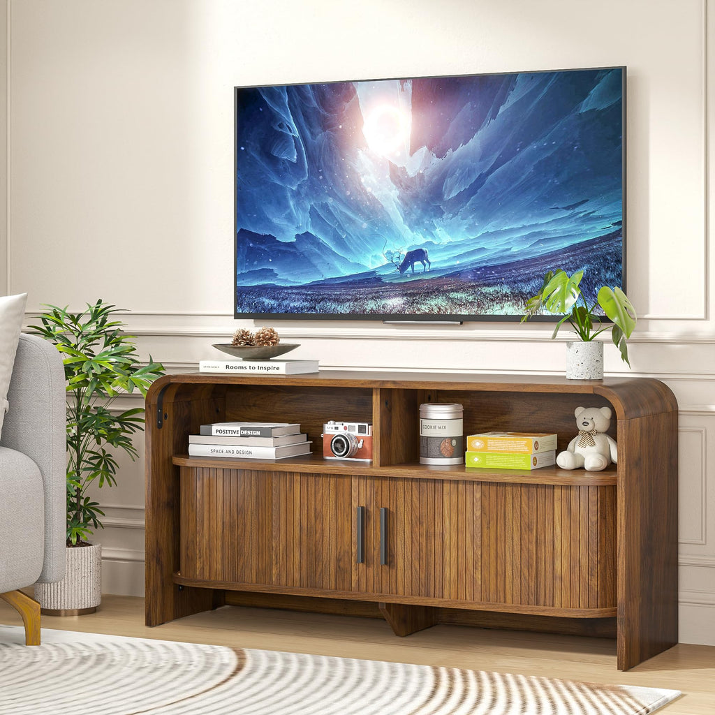 Small TV Stand, Low Fluted TV Console for 40 43 Inch, Mid Century Modern Entertainment Center with Sliding Doors