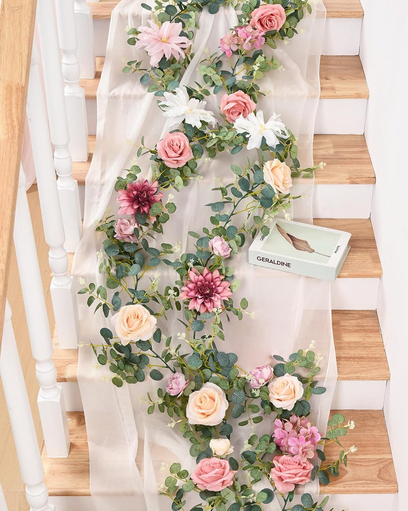 Flower Garland Decorations, 6.07Ft Pink Floral Rose Garland, Artificial Eucalyptus Greenery Vines with Flowers