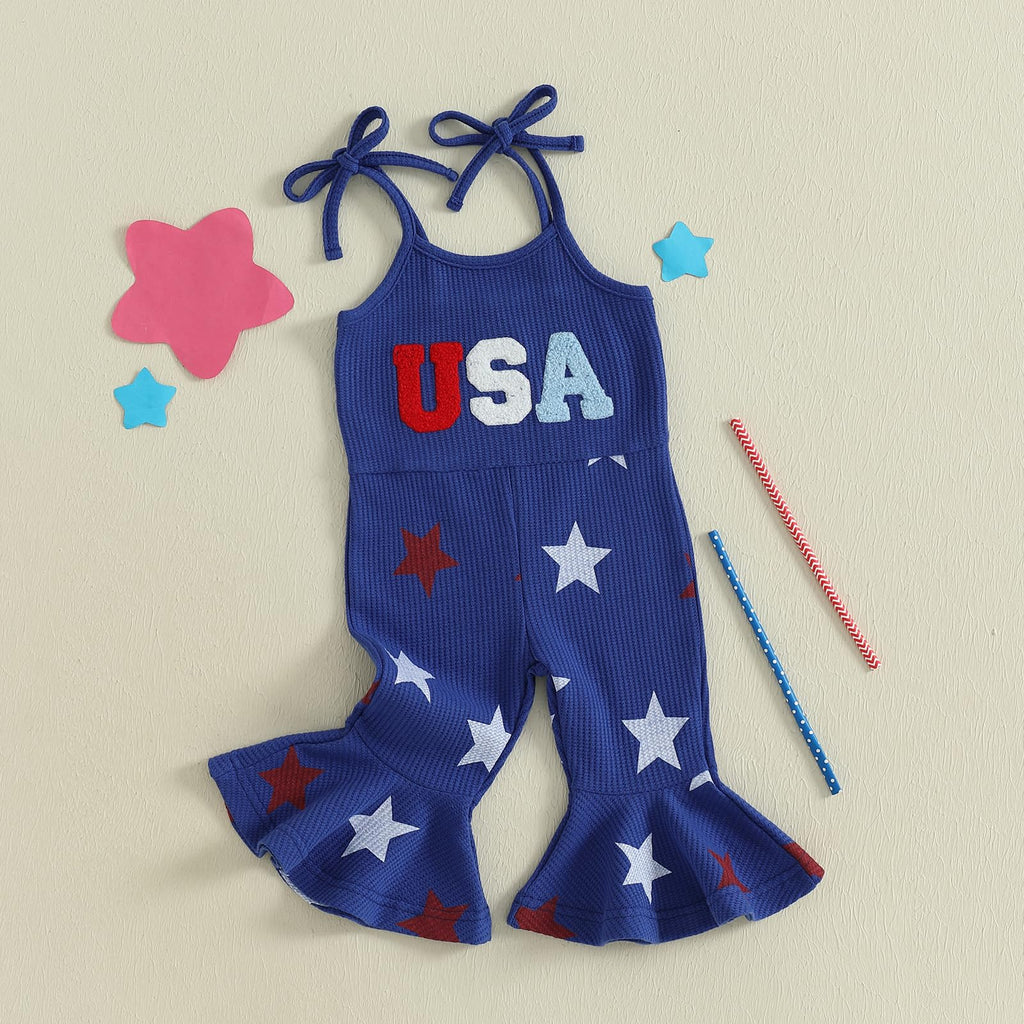 4th of July Toddler Girl Outfit USA Romper Spaghetti Strap Bell Bottom Jumpsuit Overall Baby Fourth of July Outfits