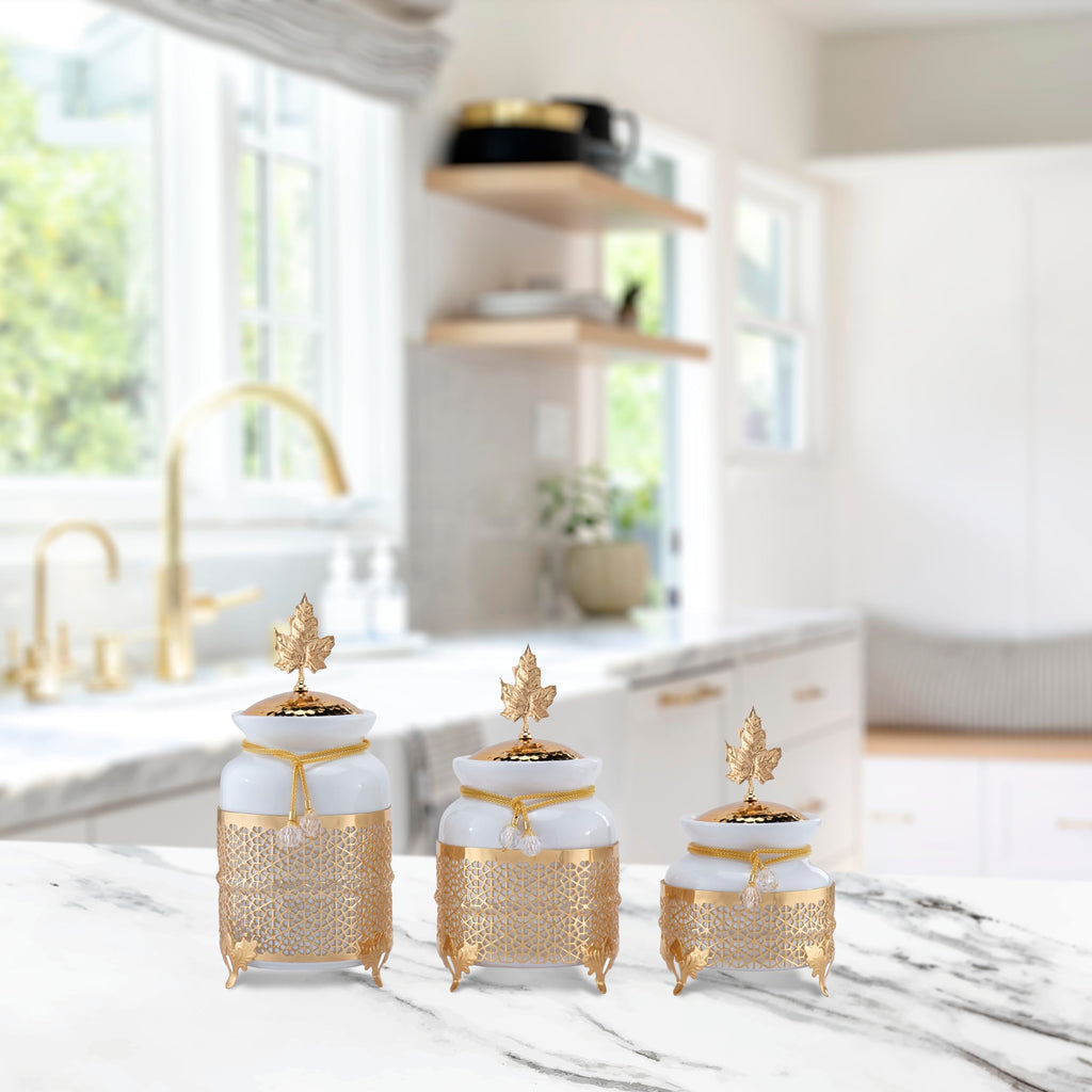 Canisters Sets for the Kitchen, Ceramic Kitchen Canisters for Countertop with Metal Leaf Lids, Sugar Containers for
