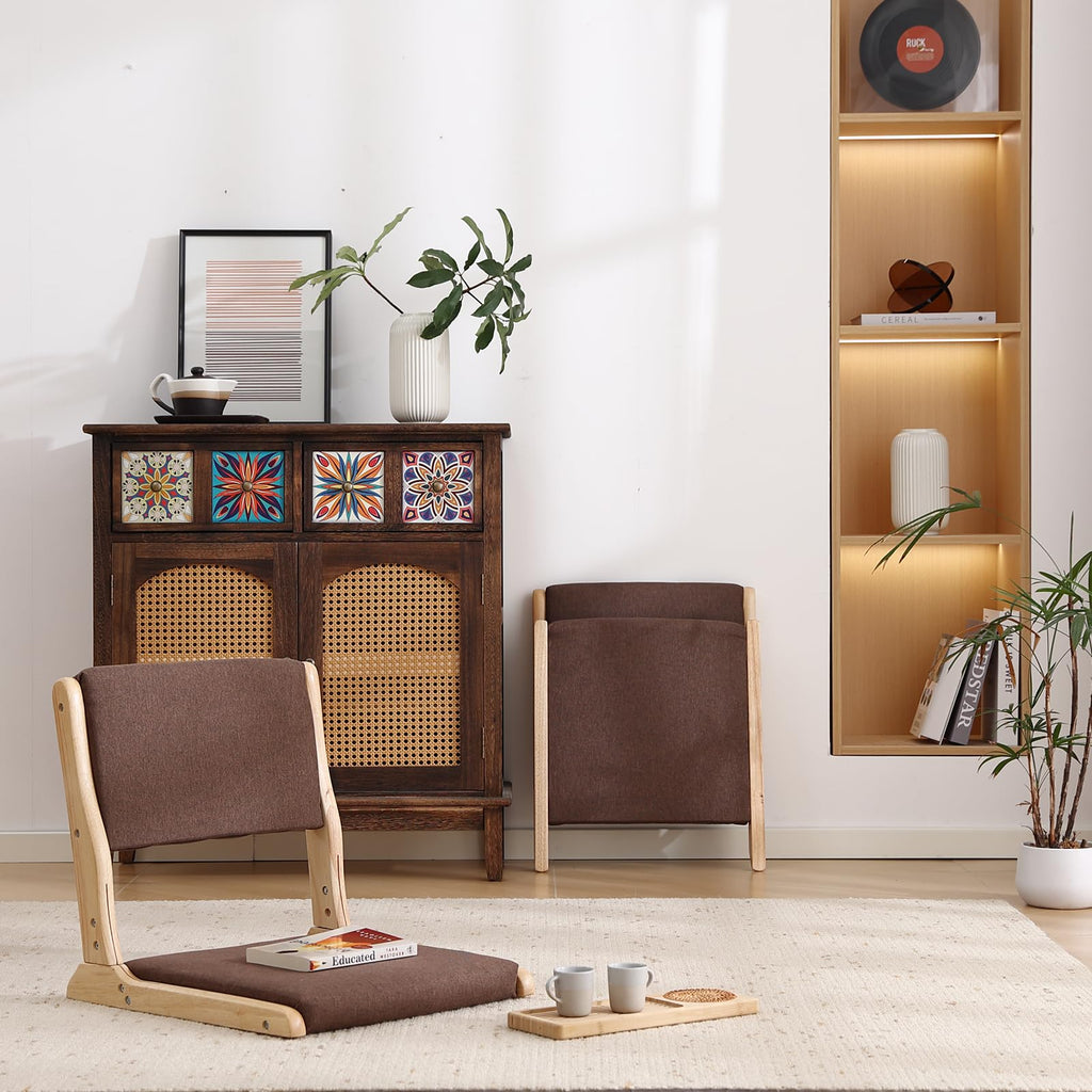 Foldable Floor Chair with Back Support, Wood Brown, No Assembly