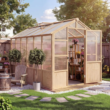 Large Wood Frame Greenhouse for Outdoor - Wooden Walk-in Greenhouse Kit with Polycarbonate Panels, Ventilated Window