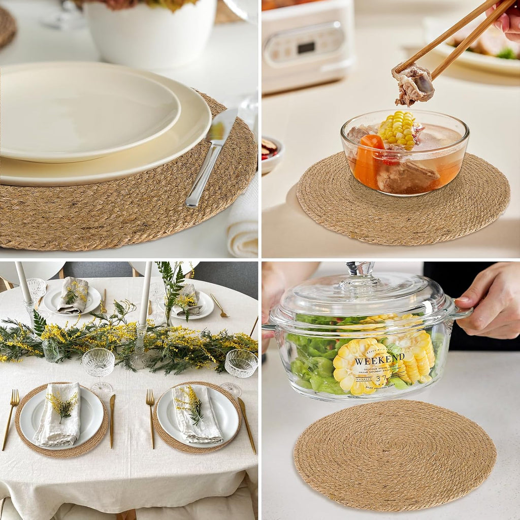 11.8 Inch Round Jute Placemats - Boho Rustic Woven Table Mats, Heat Resistant & Easy to Clean, Handwoven - Set of 6